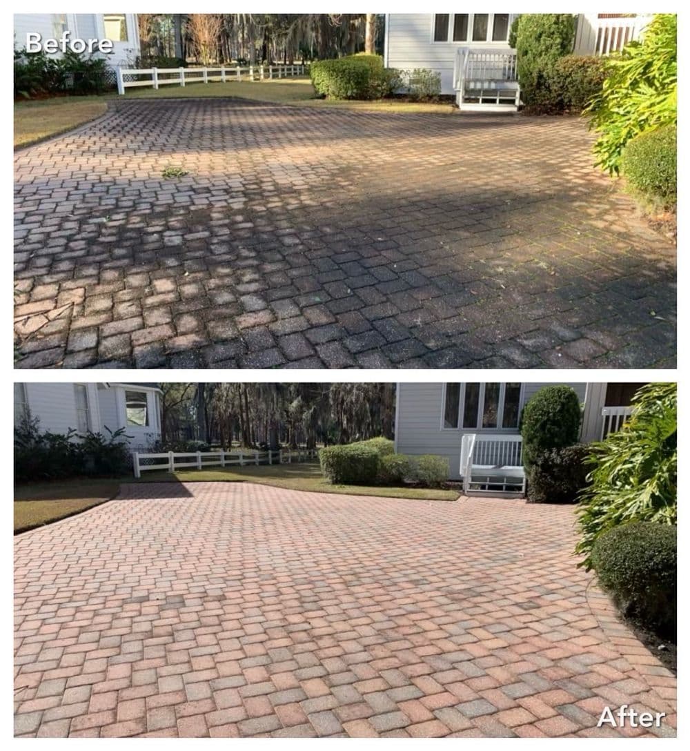 Before and after photo showcasing a cleaned brick paver driveway transformation.