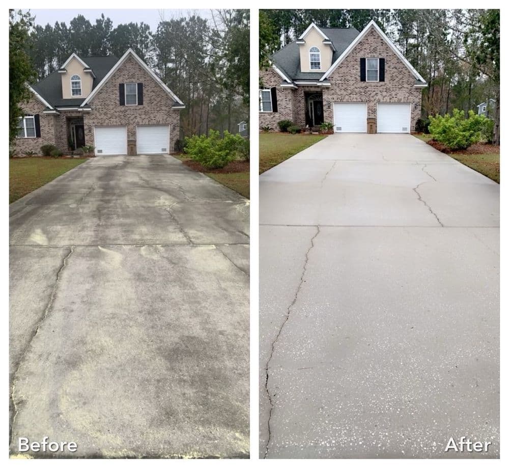 Before and after concrete driveway transformation showcasing improved cleanliness and appearance.