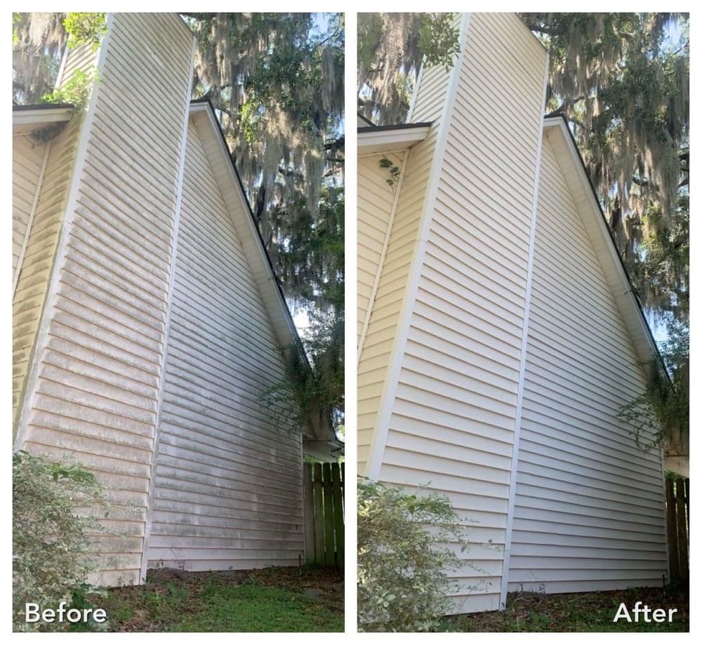 Before and after home exterior cleaning, showing significant improvement in siding appearance.