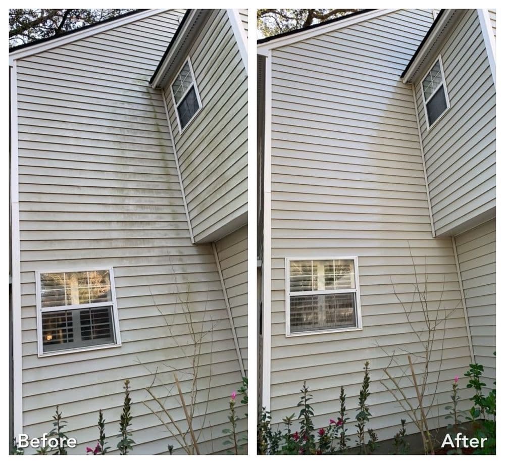 Before and after of house siding cleaning, showing significant dirt removal and improved appearance.