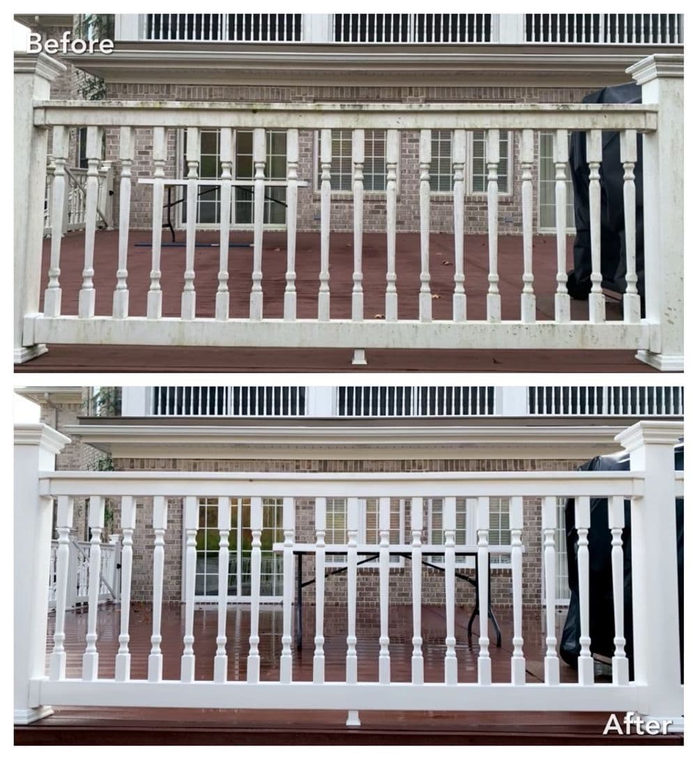 Before and after comparison of a renovated porch railing, showcasing improved cleanliness and design.