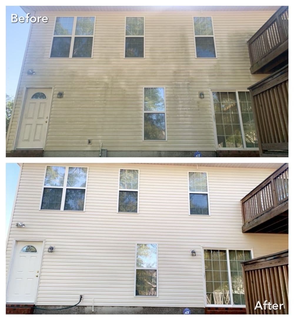 Before and after image showing house exterior improvement with cleaning, showcasing clearer windows.