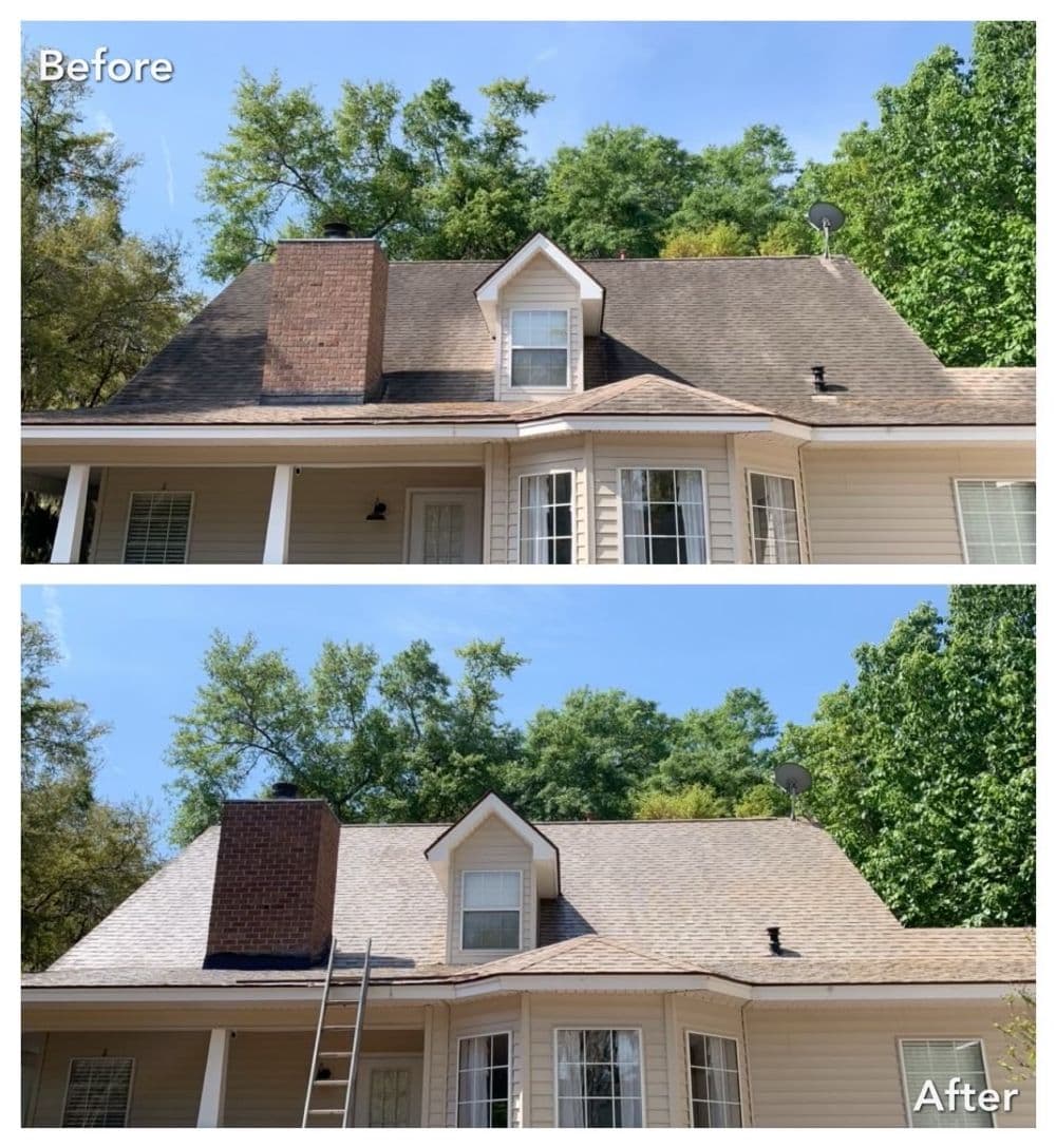 Before and after roof cleaning comparison showing improved appearance and detail.