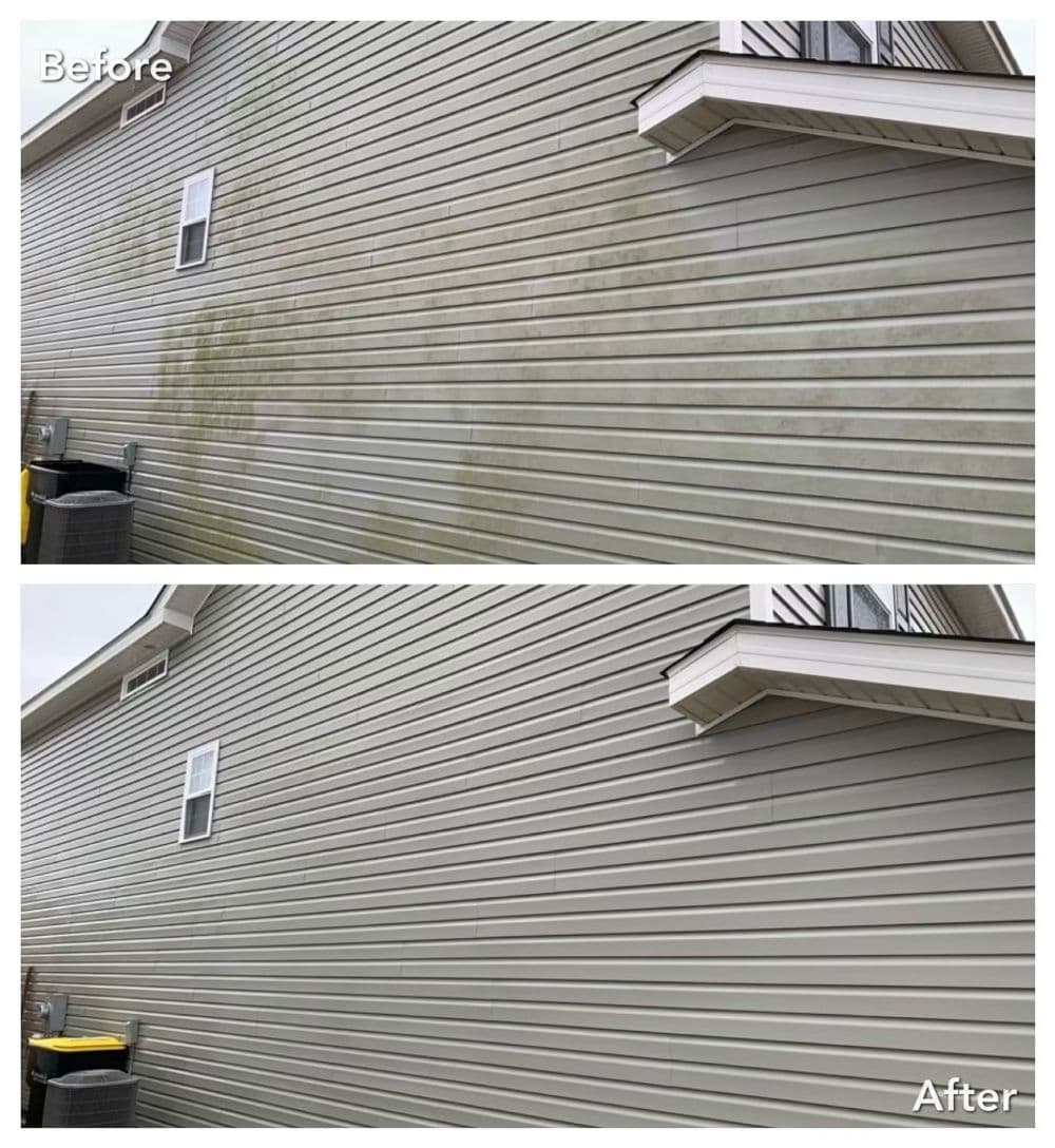 Before and after photos of a cleaned residential siding wall, showcasing significant dirt removal.