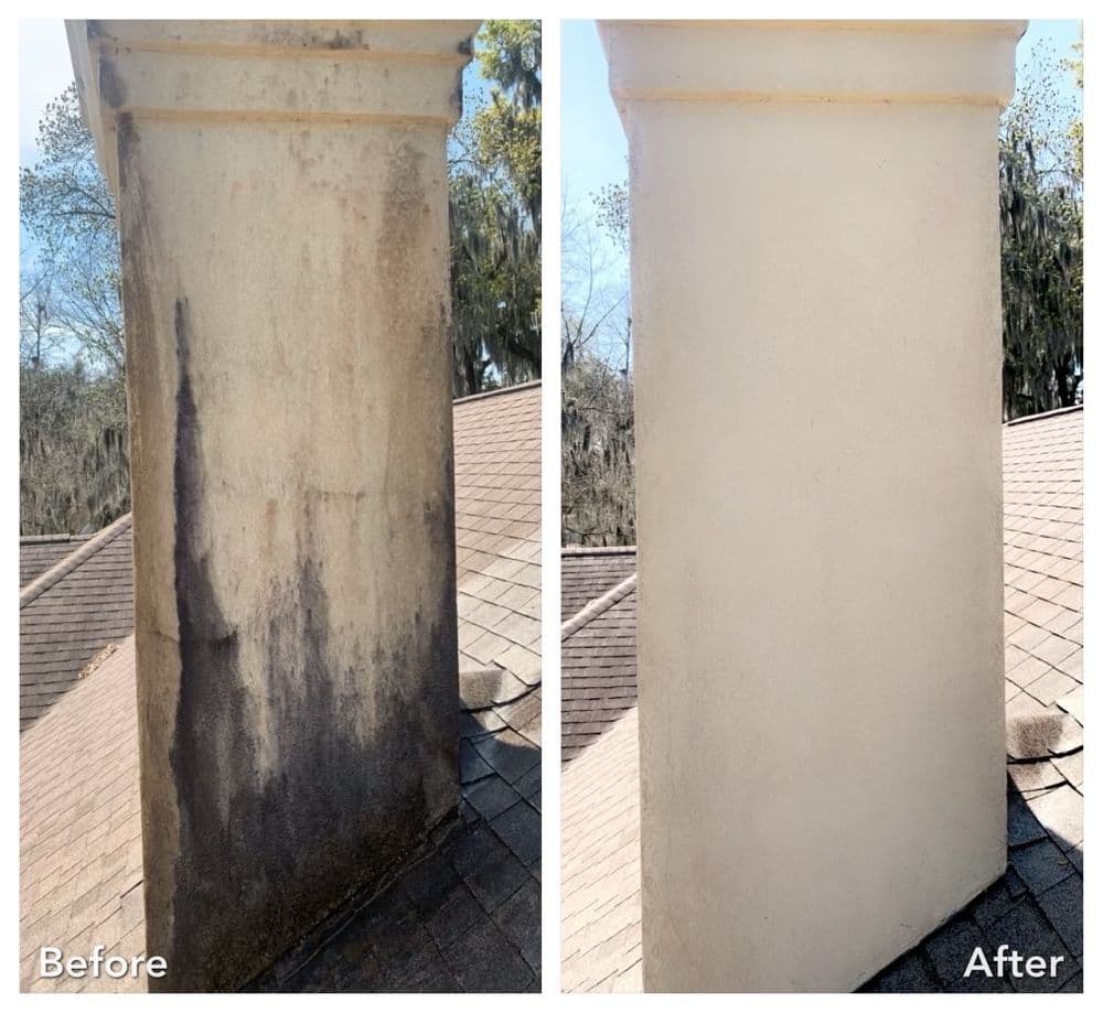 Before and after comparison of a cleaned building pillar showing significant dirt removal.