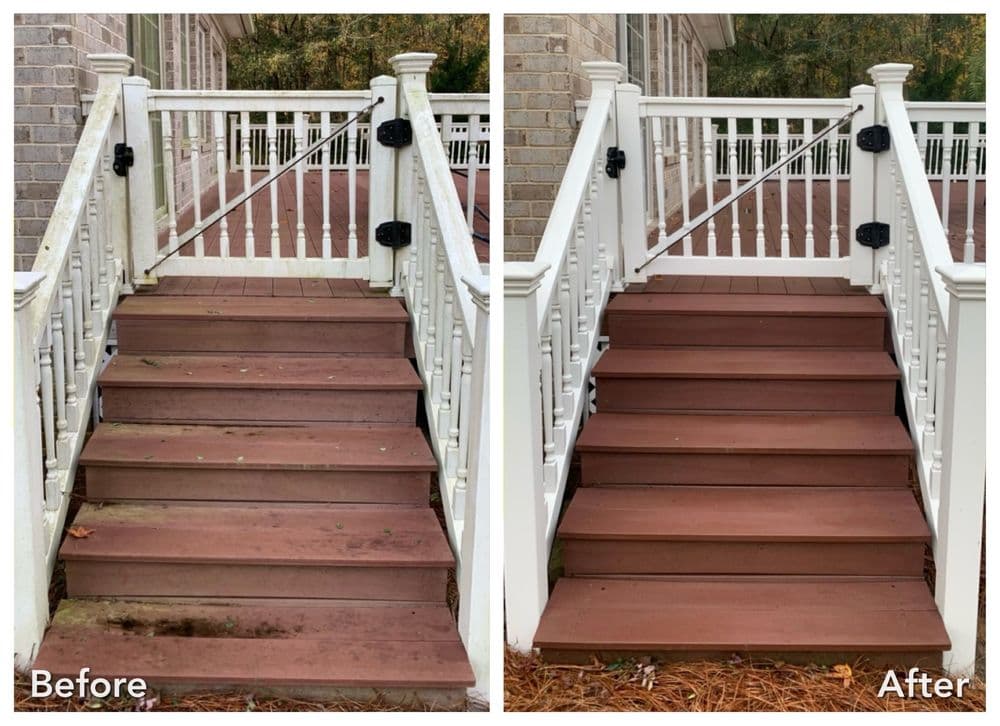 Comparison of a wooden staircase before and after cleaning, showcasing restored appearance.