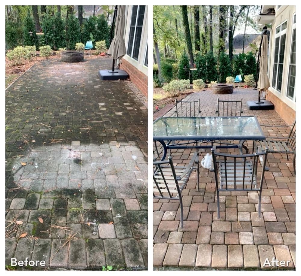 Patio transformation: Before and after cleaning showing restored pavers and new furniture.