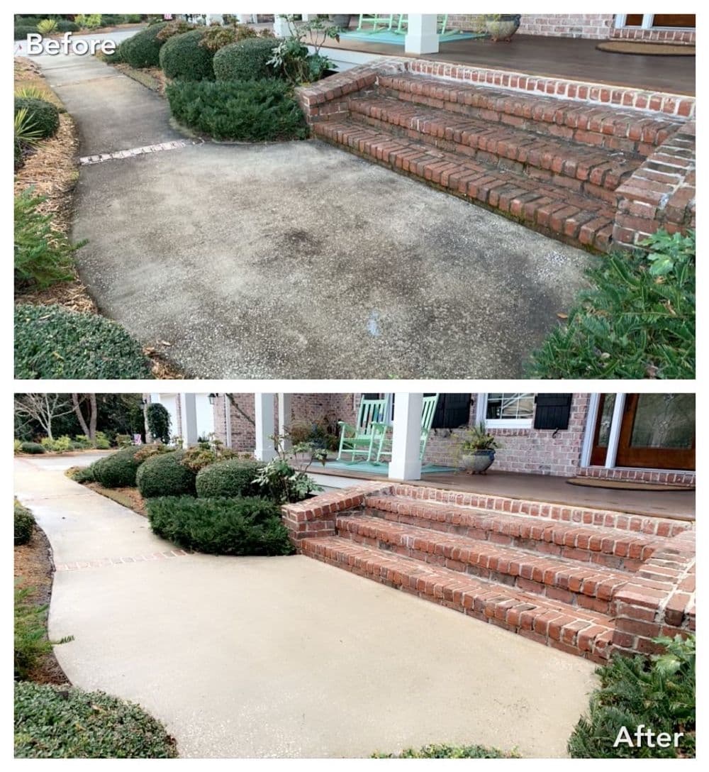 Before and after comparison of a pressure washed concrete walkway and brick steps, showcasing improved cleanliness.