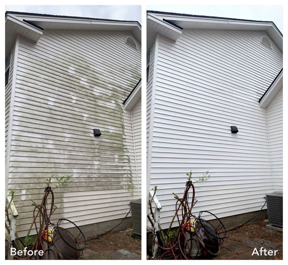 Side-by-side comparison of house siding before and after cleaning, showcasing a dramatic transformation.