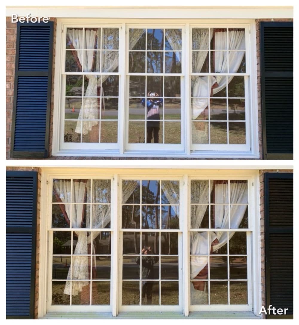 Window makeover before and after, showcasing new curtains and refreshed appearance.