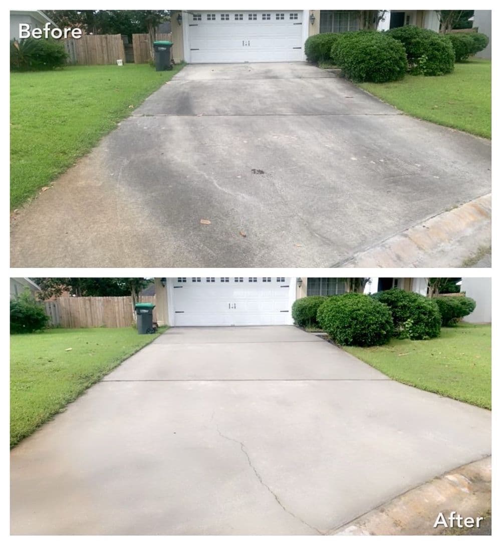Before and after comparison of a clean, restored concrete driveway.