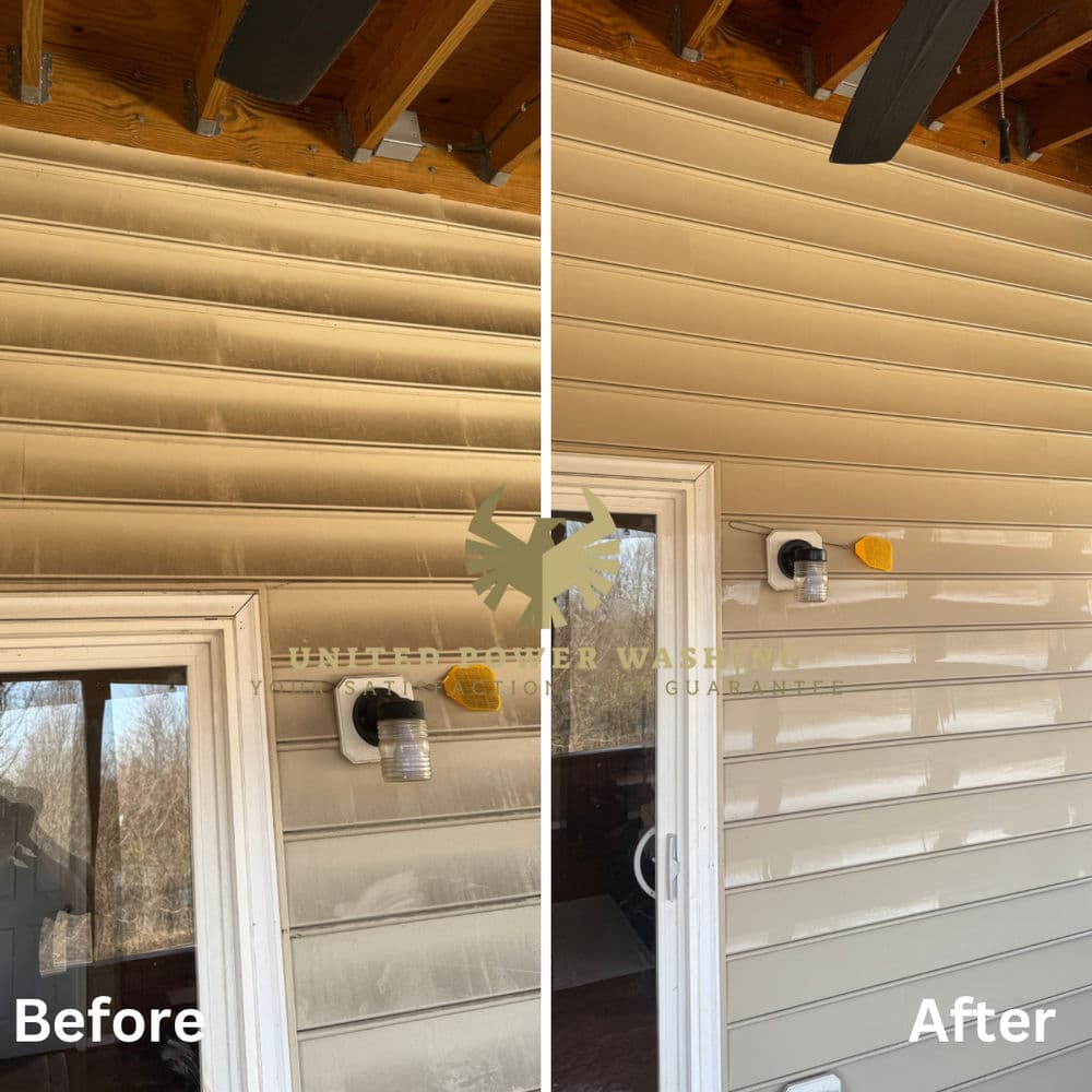 Before and after power washing of a vinyl siding, showcasing clean and restored surface.