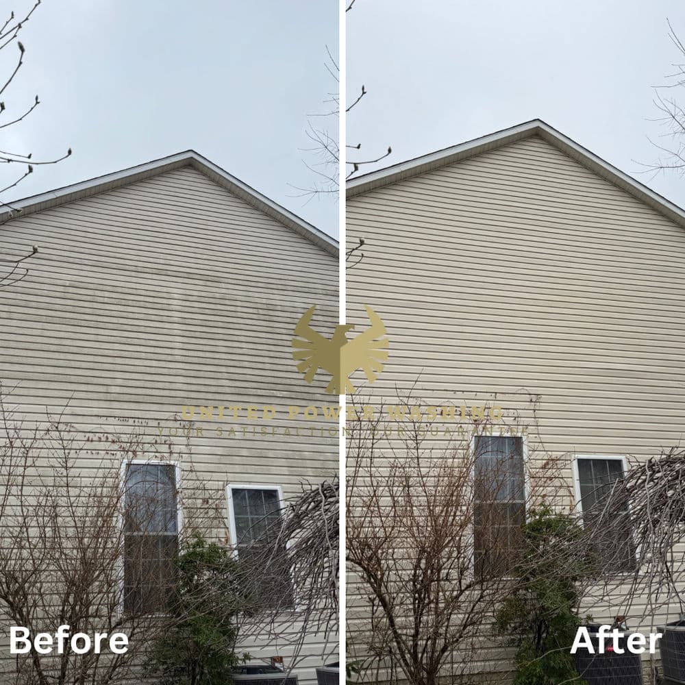 Side-by-side home exterior cleaning results: before and after showing improved aesthetics.