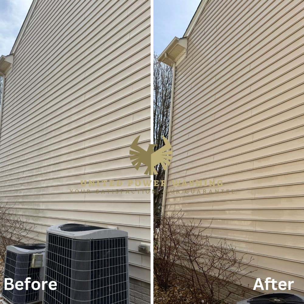 Before and after power washing of home siding, showcasing clean, refreshed exterior.