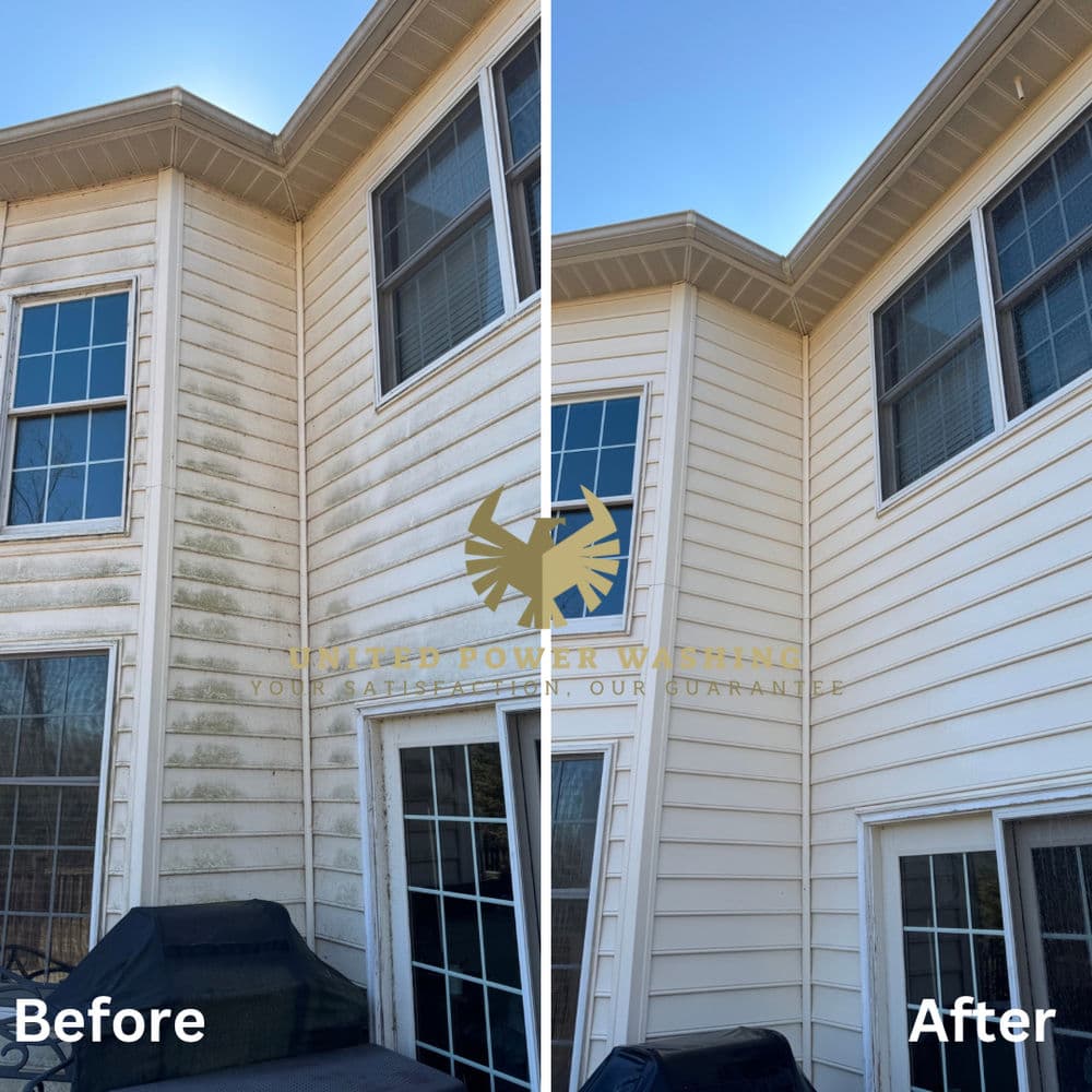 Before and after power washing of a home's exterior, showcasing significant cleanliness improvement.