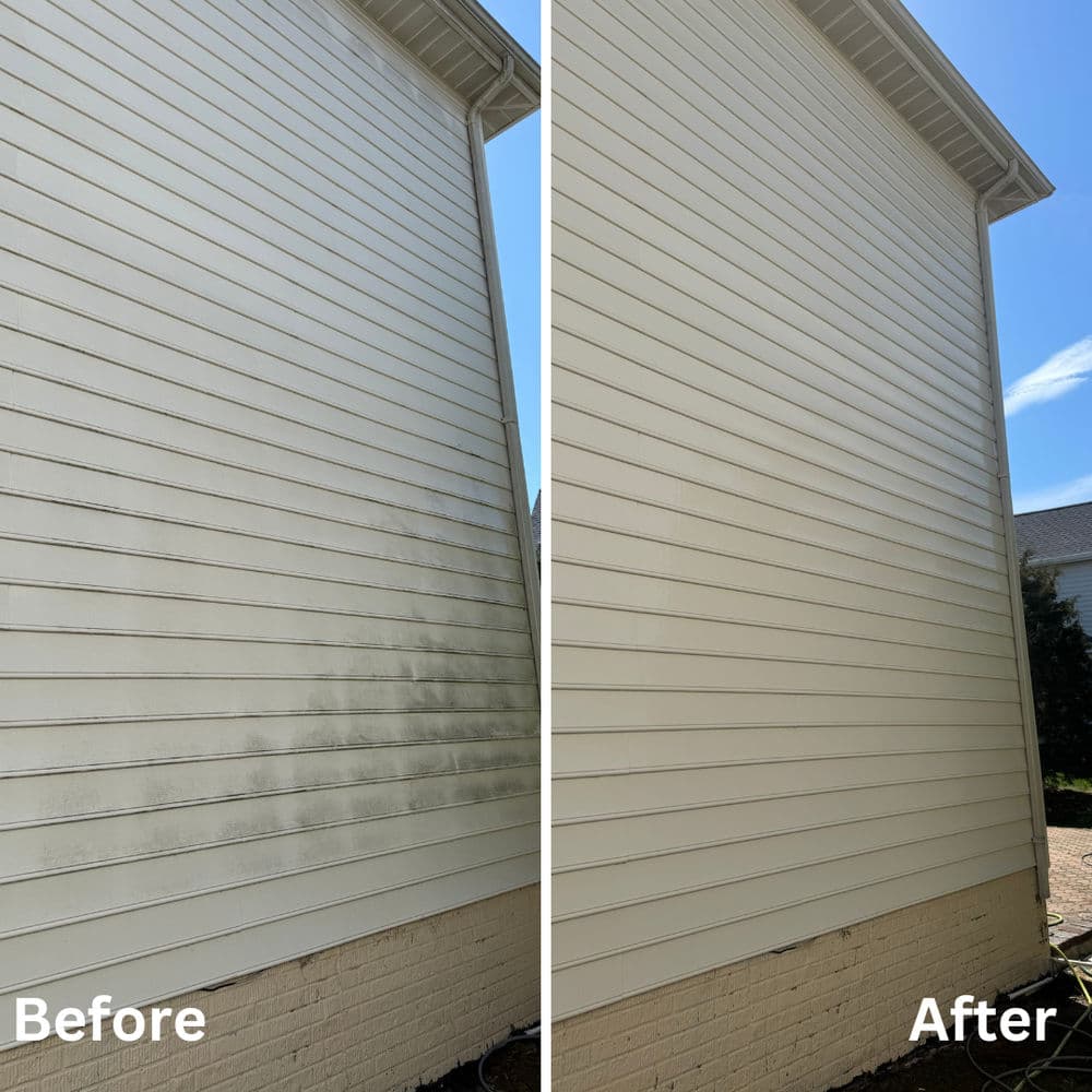 Before and after image of a house siding cleaning, showcasing significant transformation.