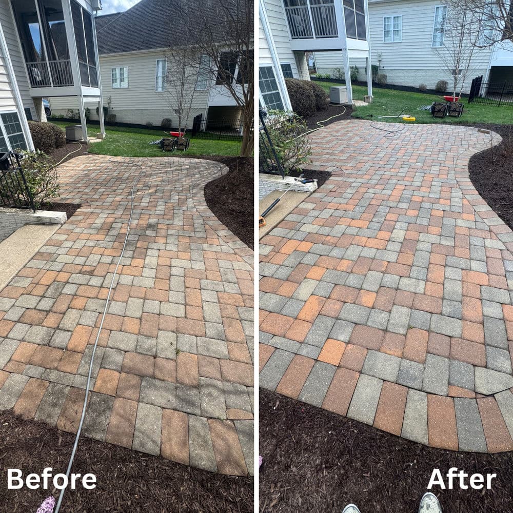 Before and after transformation of a paver stone walkway, showcasing improved landscaping.