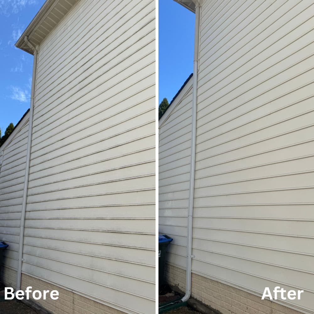 Before and after comparison of a cleaned house exterior, showcasing improved cleanliness and brightness.