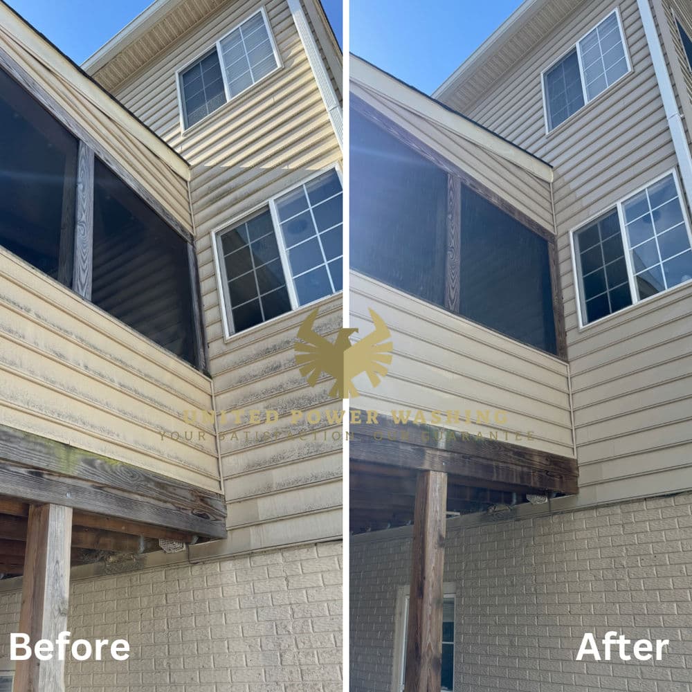 Before and after comparison of a home exterior cleaning transformation, showcasing improved cleanliness.