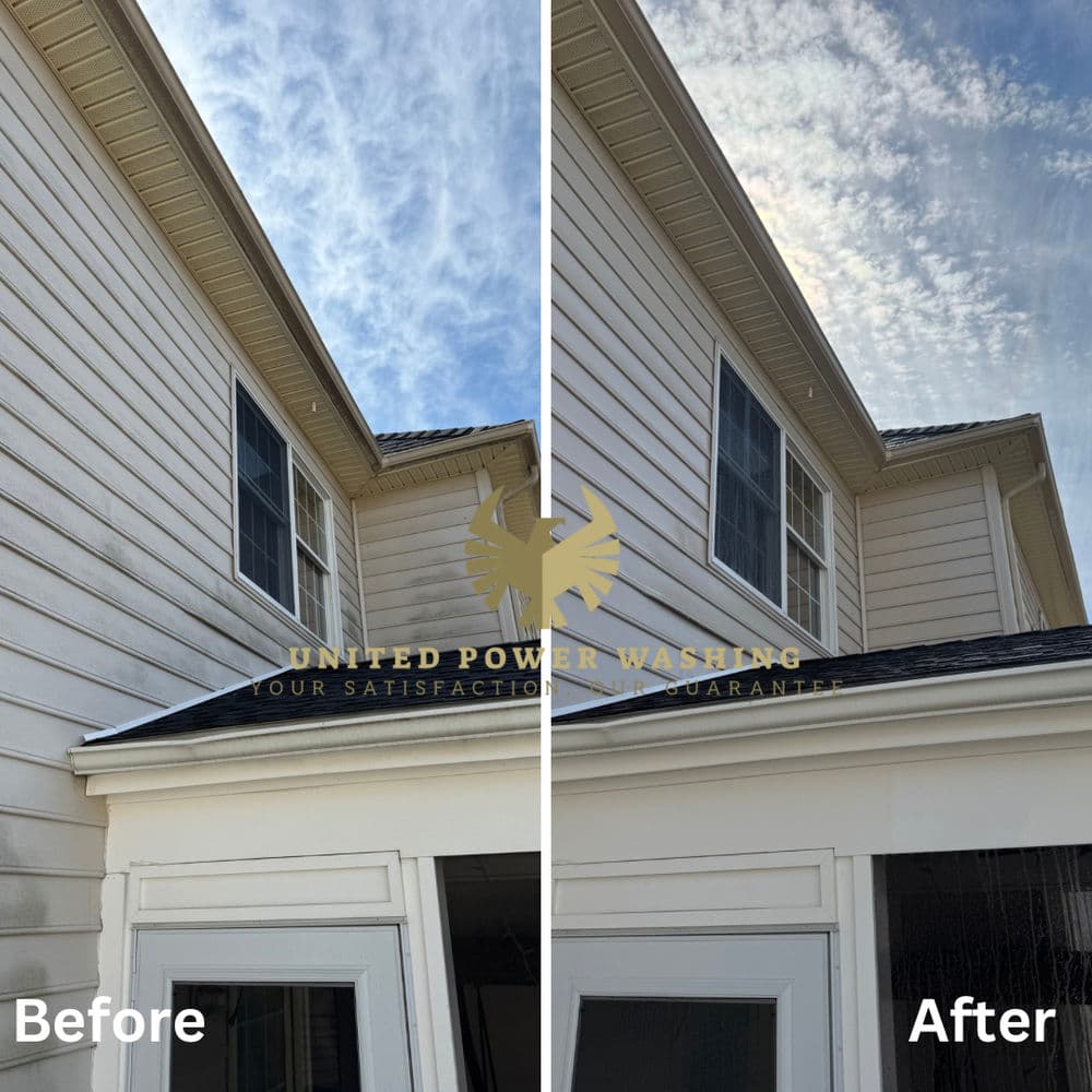 Side-by-side comparison of house exterior cleaning: before and after power washing results.