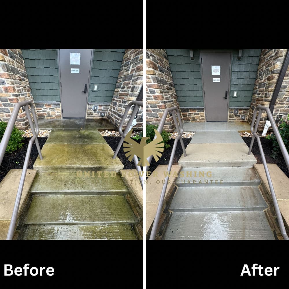 Before and after comparison of a cleaned concrete stairway, showcasing effective pressure washing.