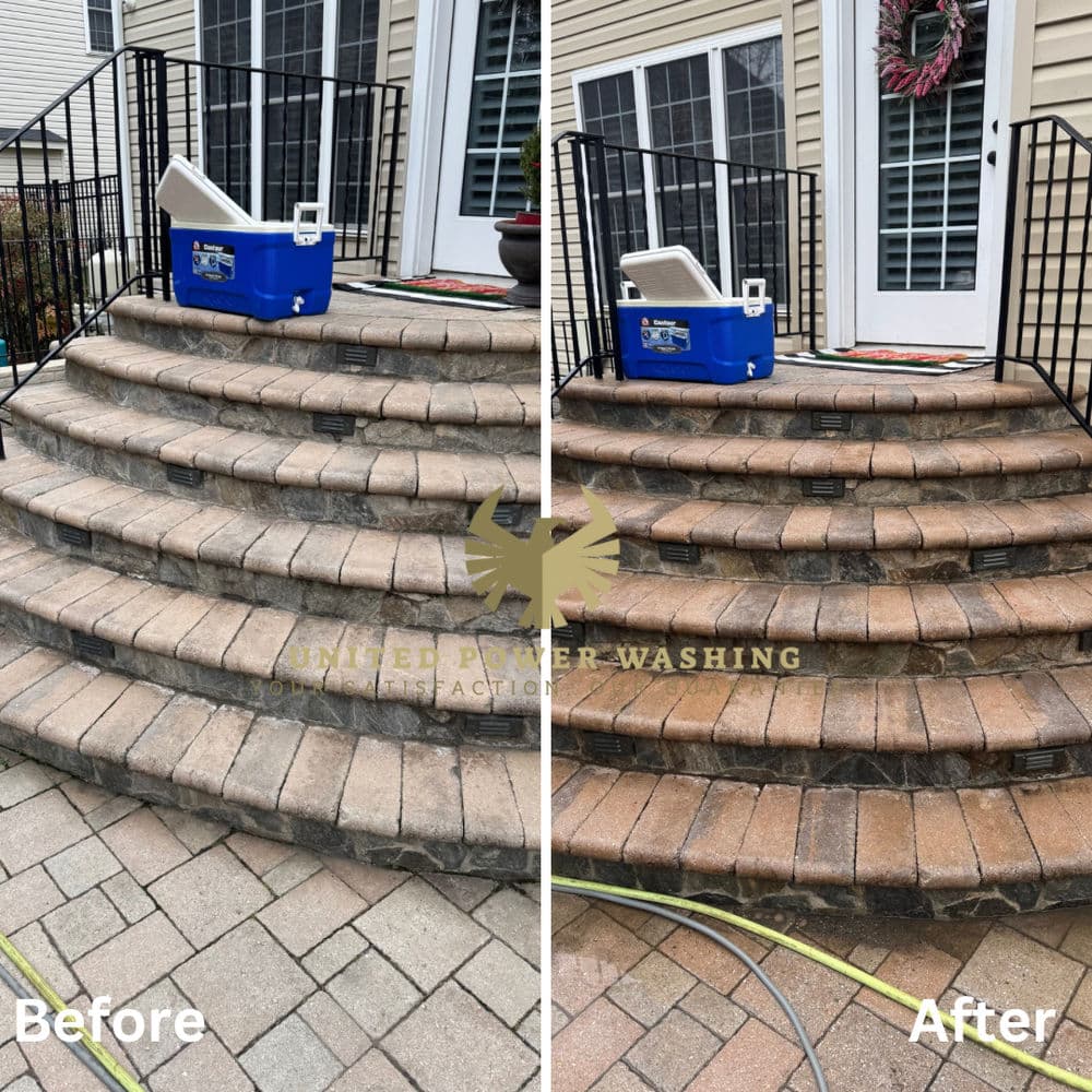 Before and after: Cleaned stone steps from United Power Washing, showcasing improved appearance.