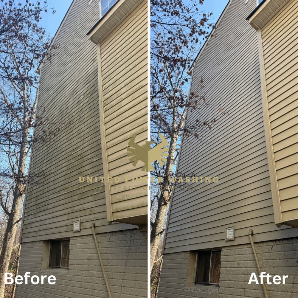 Before and after house siding cleaning, showcasing improved appearance and shine.