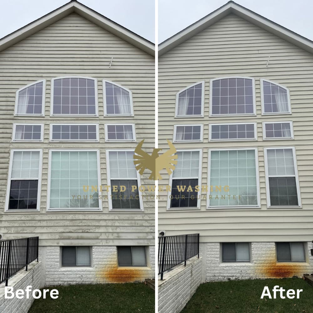 Window cleaning before and after showcasing significant stain removal on a house's facade.