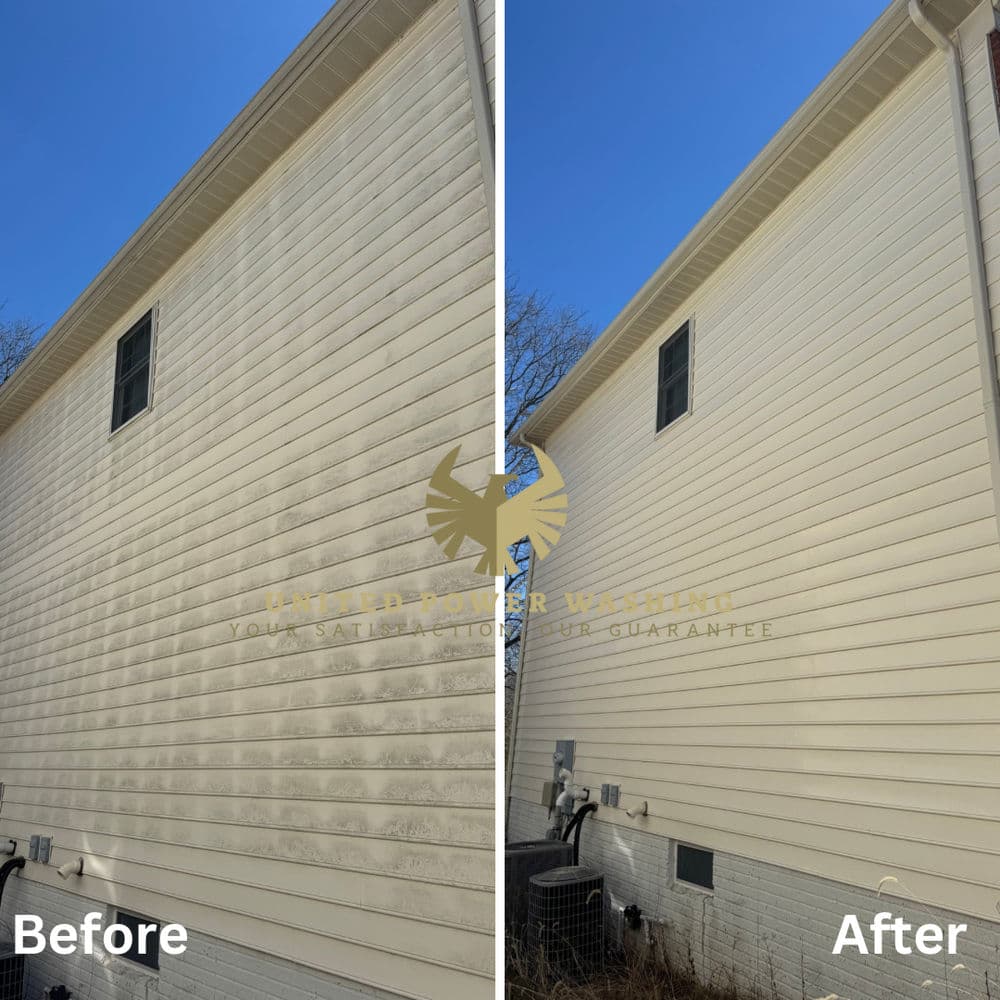 Before and after comparison of pressure washing results on a home’s exterior siding.
