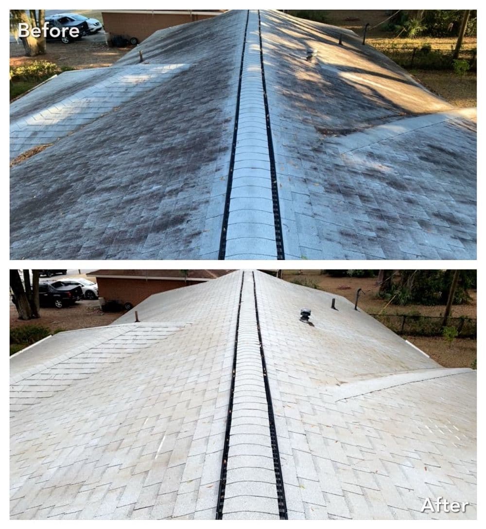 Roof cleaning results showing before and after images of a roof restoration.