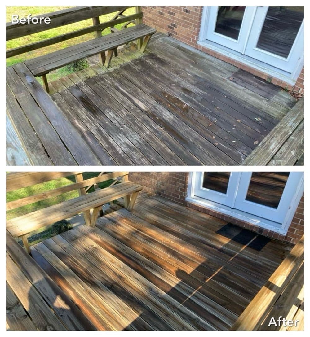 Before and after comparison of a wooden deck restoration, showing cleaned and treated wood.