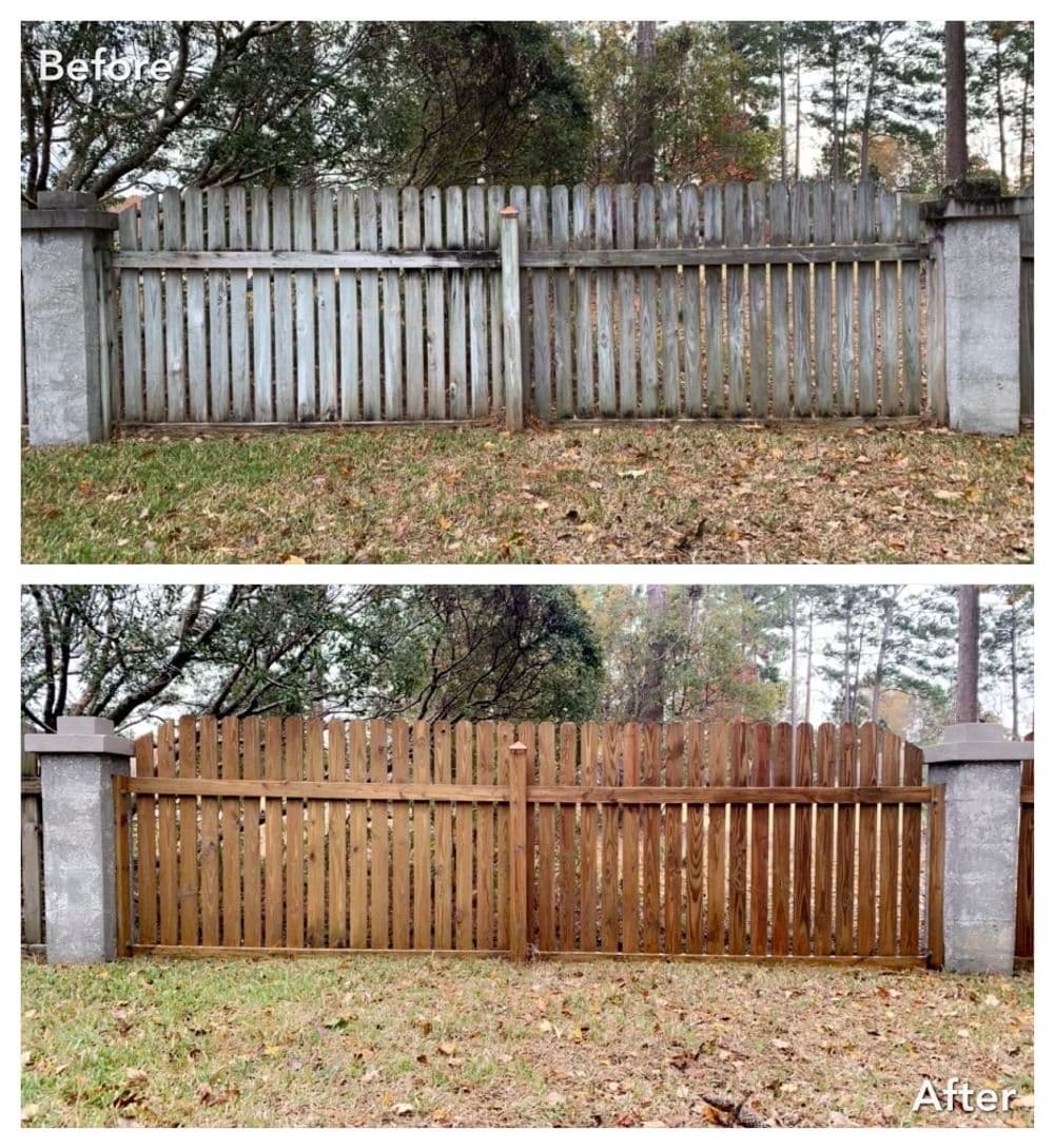 Before and after comparison of a restored wooden fence showcasing improved aesthetics.