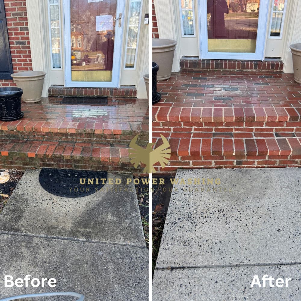 Before and after comparison of a cleaned brick and concrete entrance by United Power Washing.
