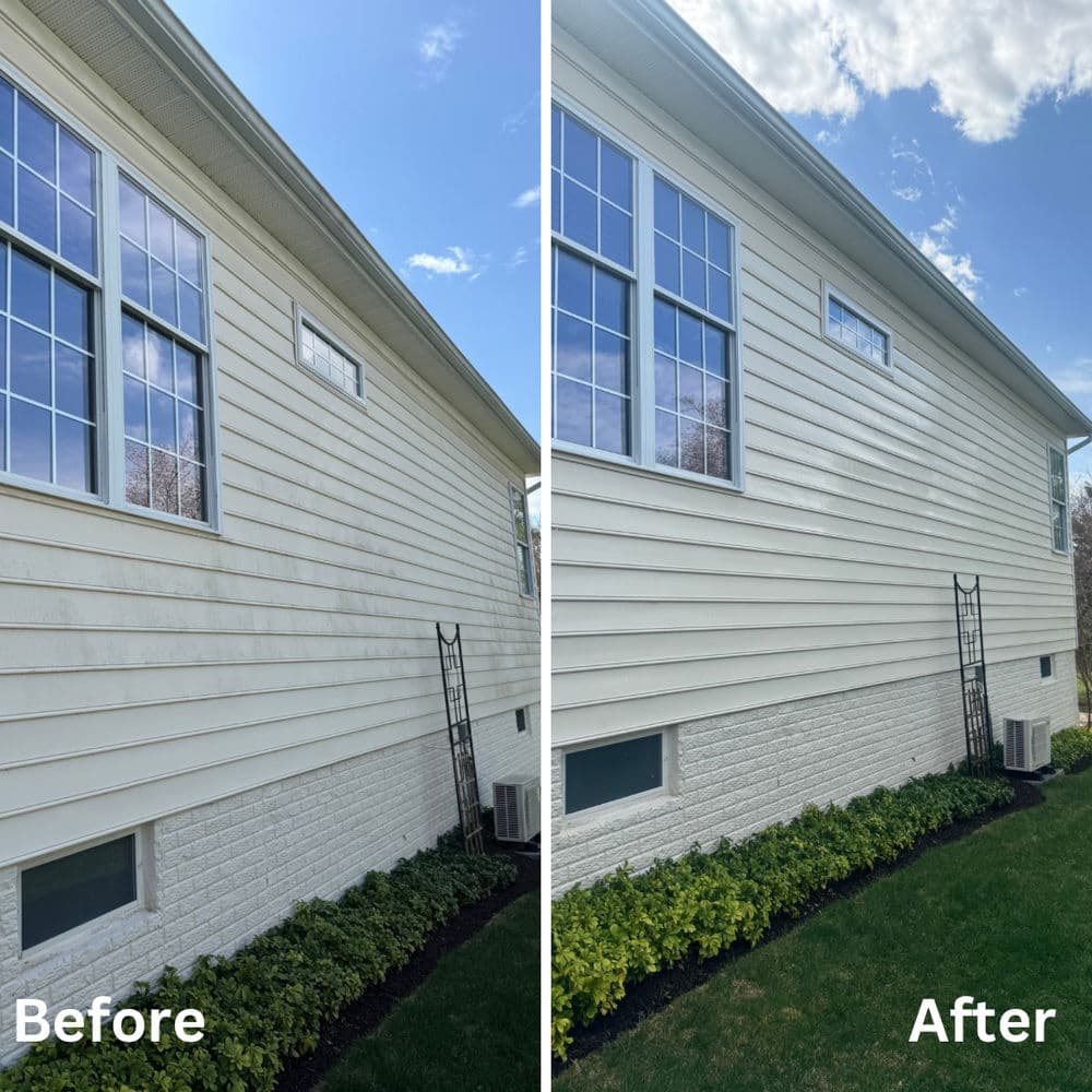 Before and after exterior home cleaning, showing improved siding and landscaping.