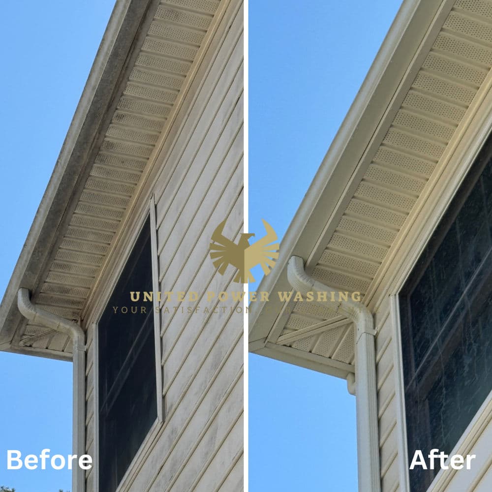Before and after power washing transformation of a home's exterior siding and gutters.
