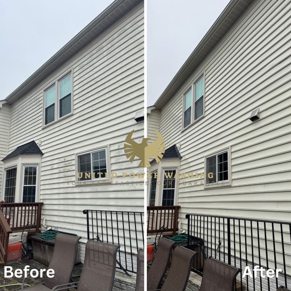 Before and after house power washing showcasing clean siding and improved curb appeal.