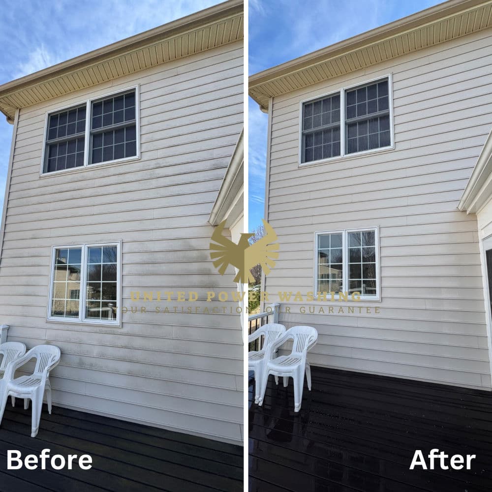 Side-by-side comparison of house siding before and after power washing. Clean and restored appearance.