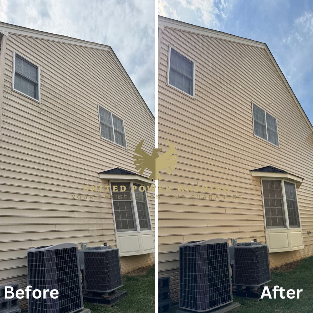 Before and after exterior house cleaning showing restored siding and upgraded appearance.
