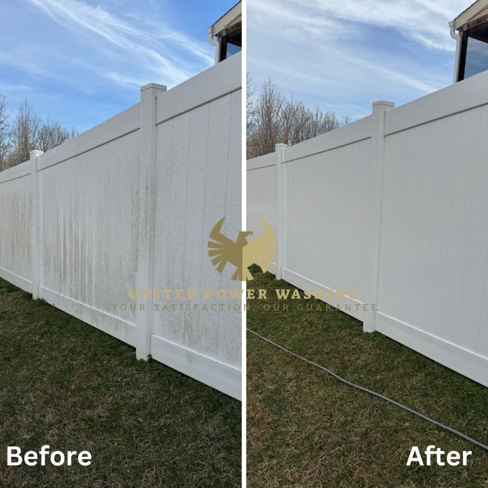 Before and after of a clean white vinyl fence, showcasing effective power washing results.