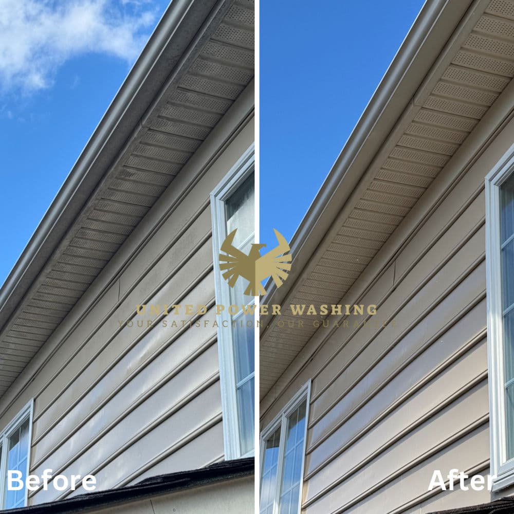 Before and after comparison of house siding cleaning by United Power Washing, showcasing improved cleanliness.