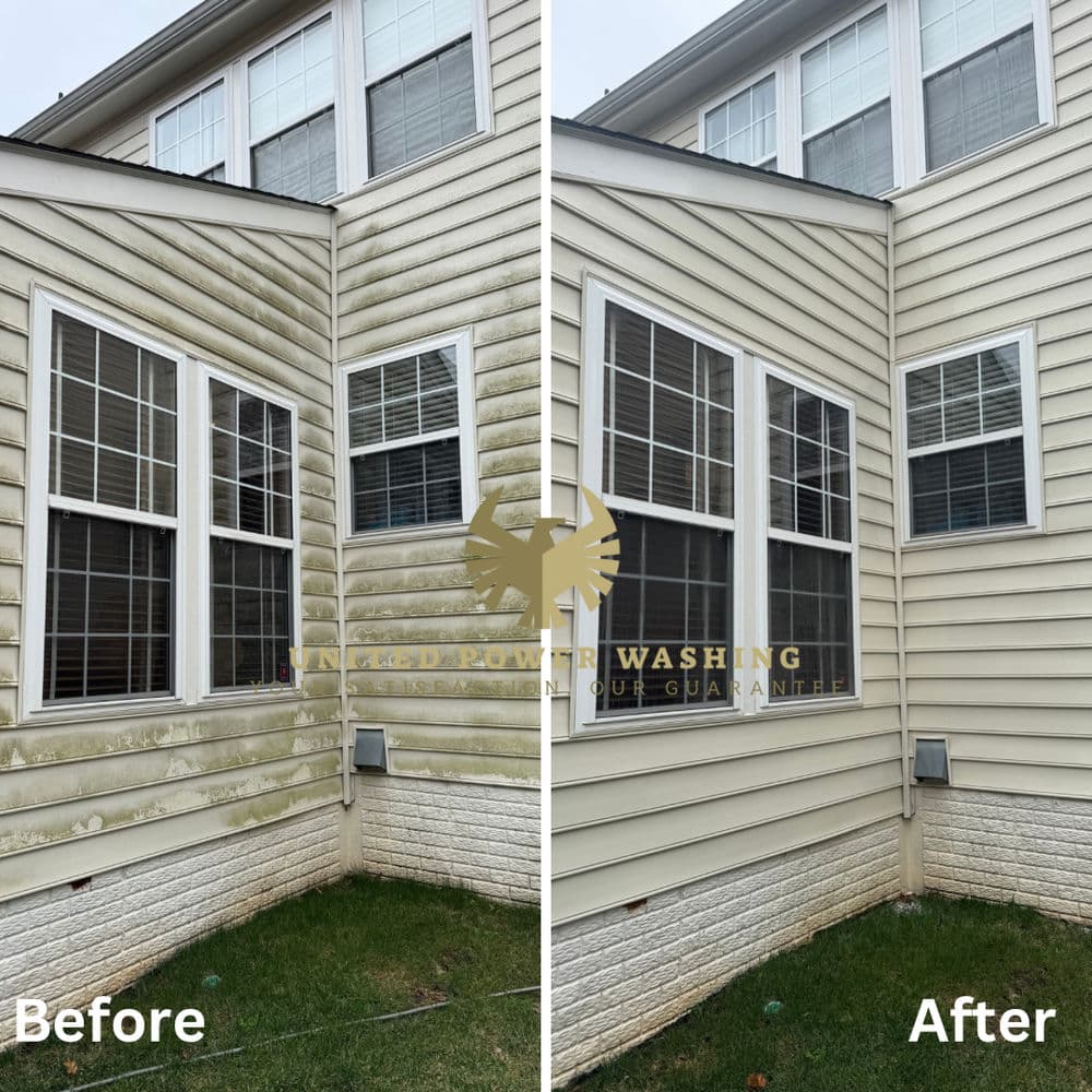 Side-by-side comparison of house siding before and after professional power washing.