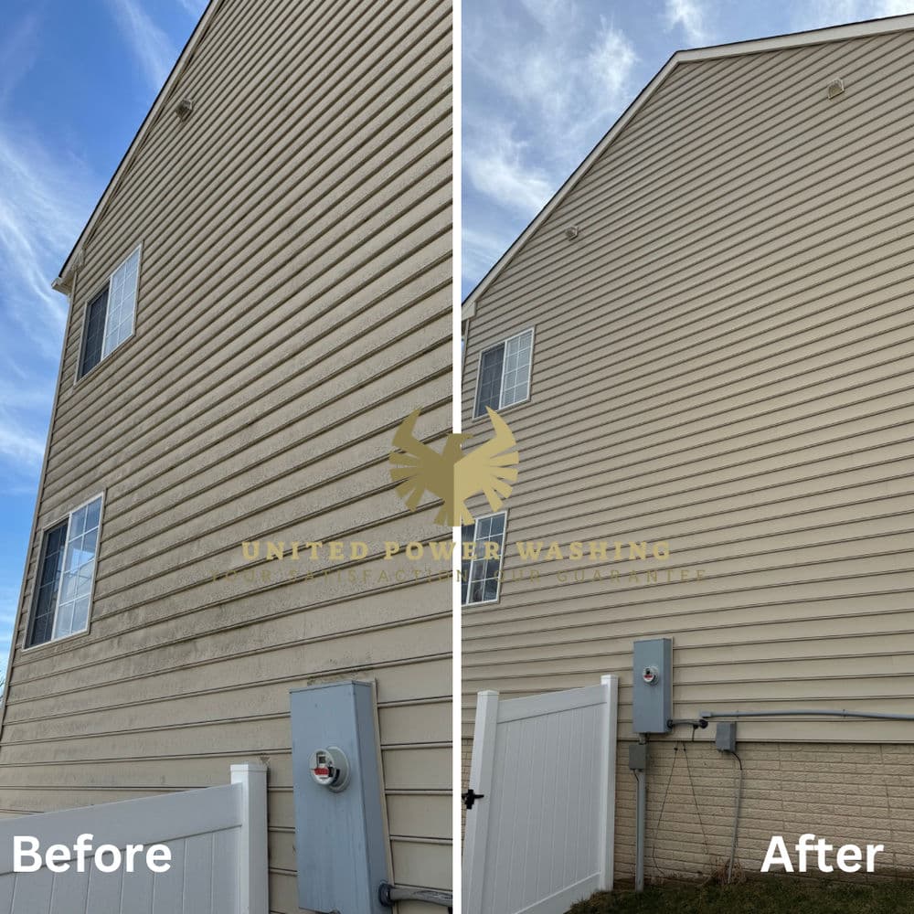 Side-by-side comparison of house exterior cleaning: before and after power washing results.