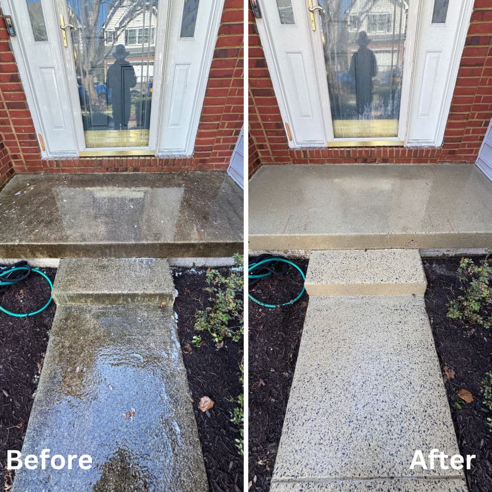 Before and after comparison of cleaned front porch and walkway, showcasing dramatic transformation.