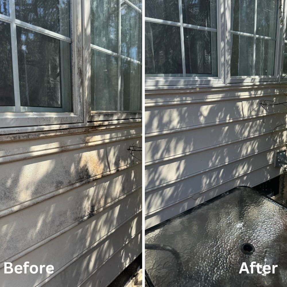 Side-by-side comparison of a home's exterior: before and after cleaning, highlighting restored surface.