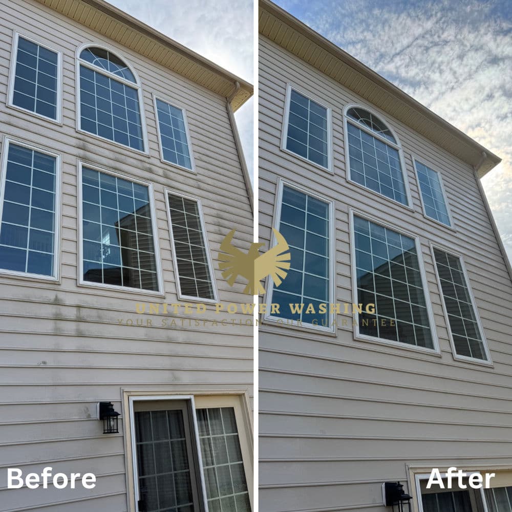 Before and after power washing transformation of home windows, showcasing improved cleanliness.